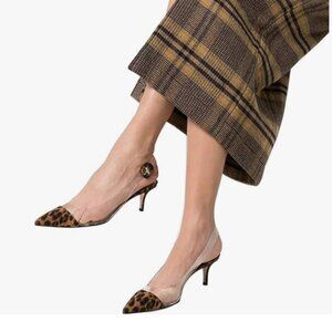 XYD Leopard Suede Transparent Slingback Kitten Heels Pumps Clear Shoes